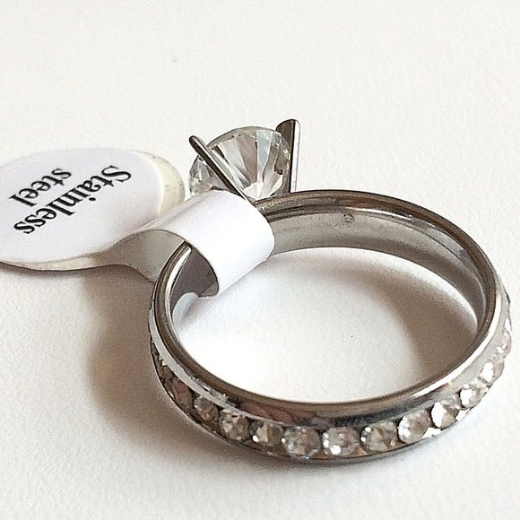 Stainless Steel Cubic Zirconia Engagement Ring Size 6 7 8 9 10 Eternity Silver - Picture 6 of 10